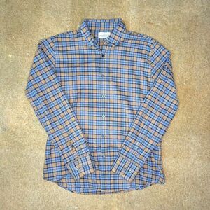 Chatham Road Collection Mens Medium Blue Tan Plaid Button Down Shirt Cotton